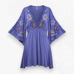 Free People Periwinkle Blue Embroidery Flutter Sleeve Boho Mini Dress Size Small
